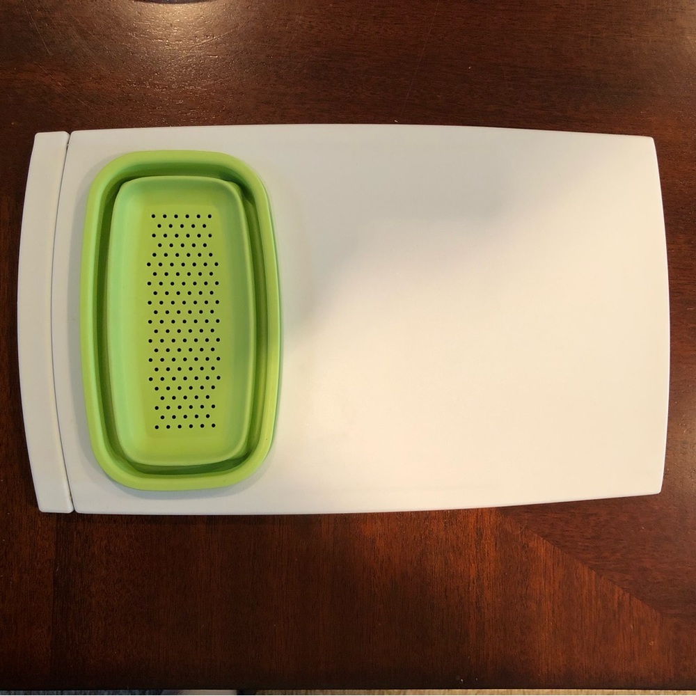 Cutting Board White and Green with Collapsible Colander Adjustable for over sink